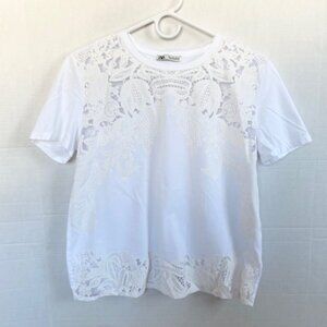 Zara T-Shirt Sheer Lace Overlay Short Sleeve White Minimalist Capsule